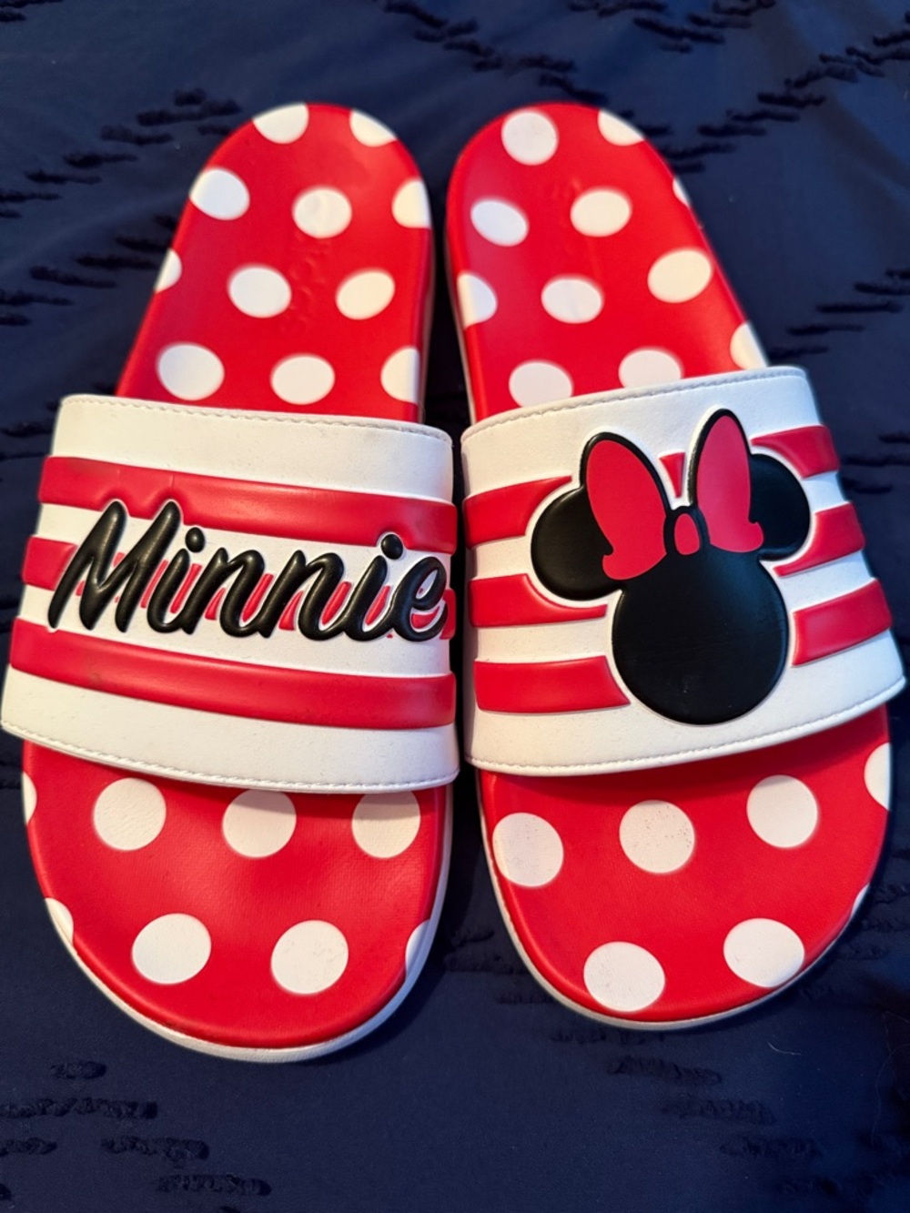 adidas Red & White Minnie Mouse Polka Dot Slide Sandals